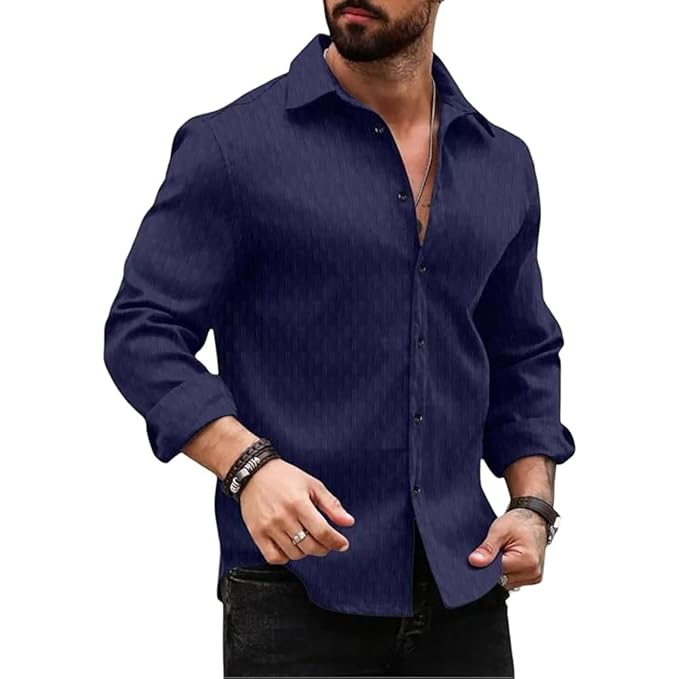 Deelmo mens Regular fit button down dress shirt textured long sleeve Casual Hawaiian shirt - Image 3